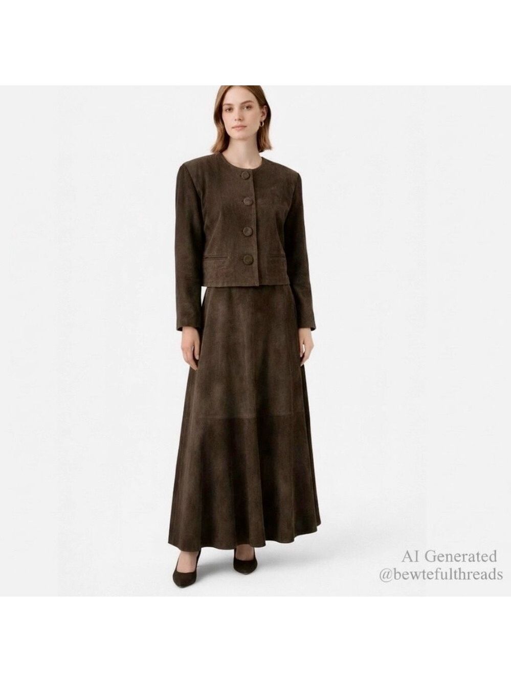Vintage Black Suede 2-Piece Set Cropped Jacket A-Line Maxi Skirt Quiet Luxury